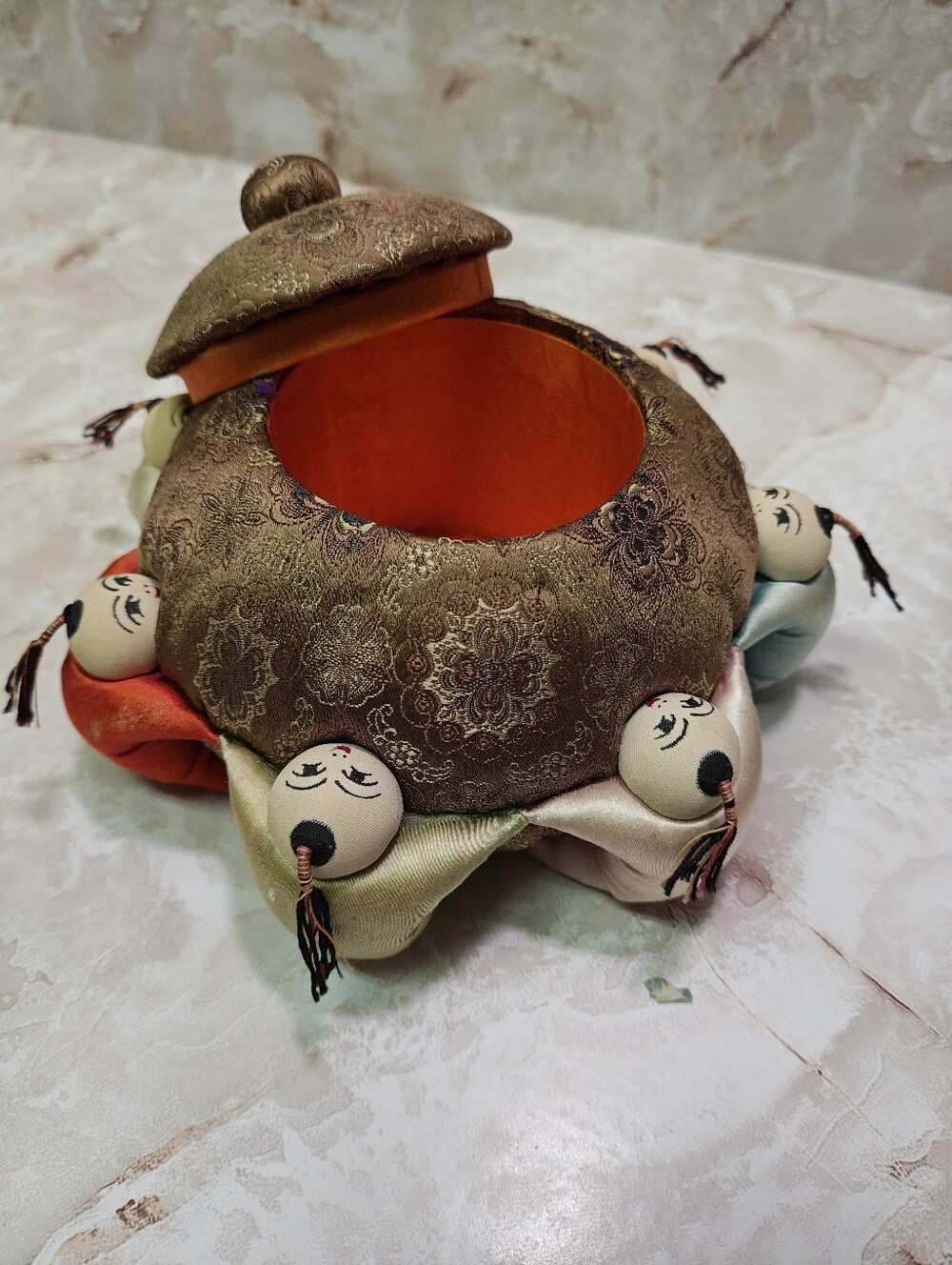 Vintage Chinese Lucky Babies Pincushion Trinket Box Jewelry Holder